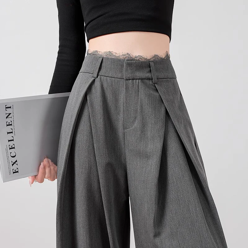 高腰设计感蕾丝阔腿西装裤女春夏2025新款宽松垂感直筒休闲裤显瘦