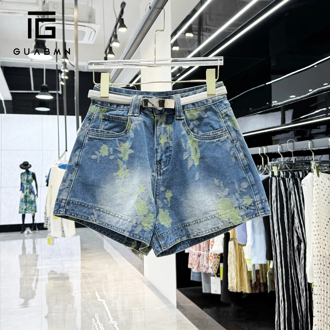 GUABMN2025夏季新款撞色枫叶印花做旧牛仔短裤夏日穿搭5167