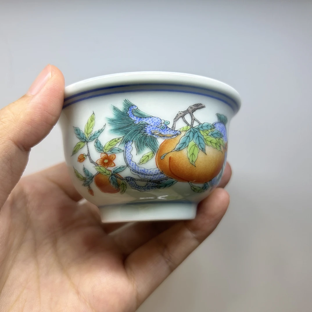 景德镇高端斗彩龙纹寿桃杯主人杯陶瓷茶具泡茶工具景德镇玲珑瓷