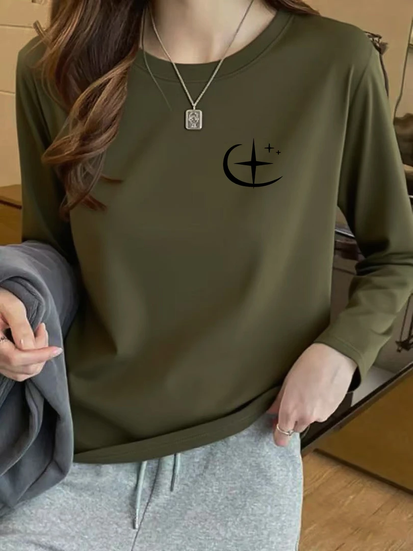 春秋新款洋气百搭港风复古军绿色正肩慵懒圆领上衣长袖打底T恤女