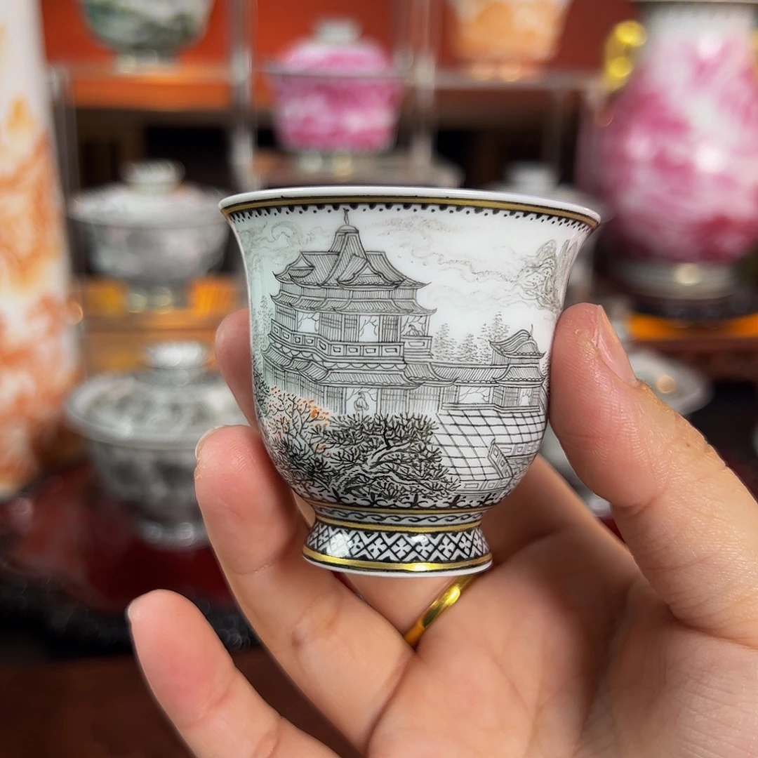 陶墨彩蓬莱仙境闻香杯