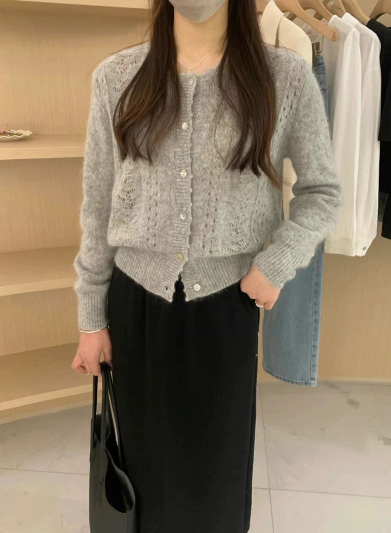 9039春款小香风气质短款微镂空花边开衫