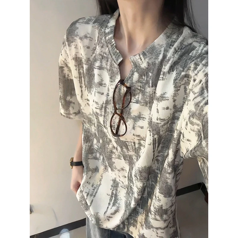 v领扎染t恤男夏季设计感小众冰丝短袖vintage美式复古青少年半袖