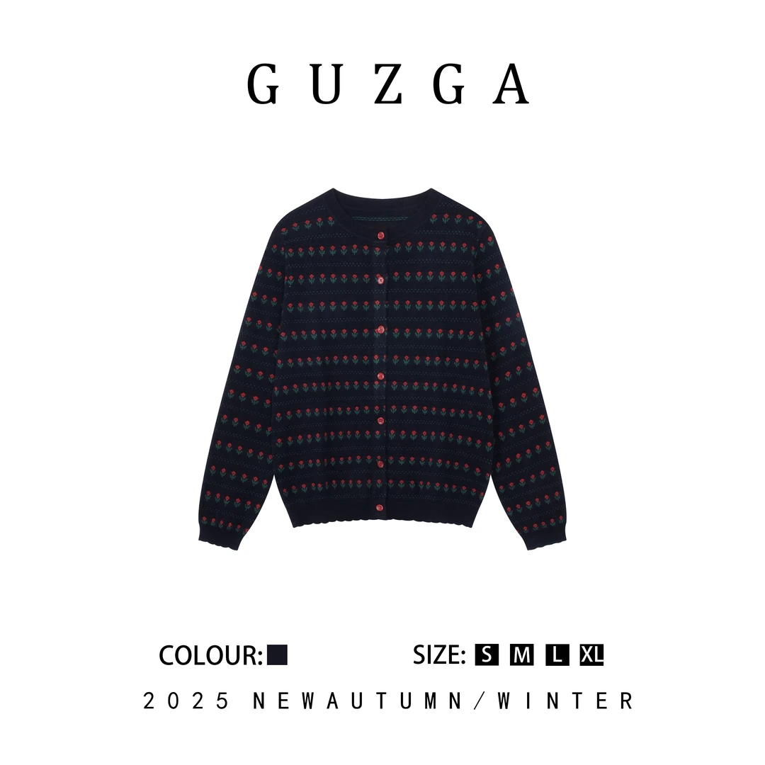 GUZGA【豆蔻年华】2025秋季上新藏蓝拼接撞色针织衫女长袖时尚休闲
