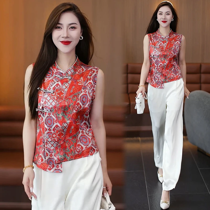 新中式国风无袖上衣阔腿裤套装女夏2025新款爆款高级感流行两件套