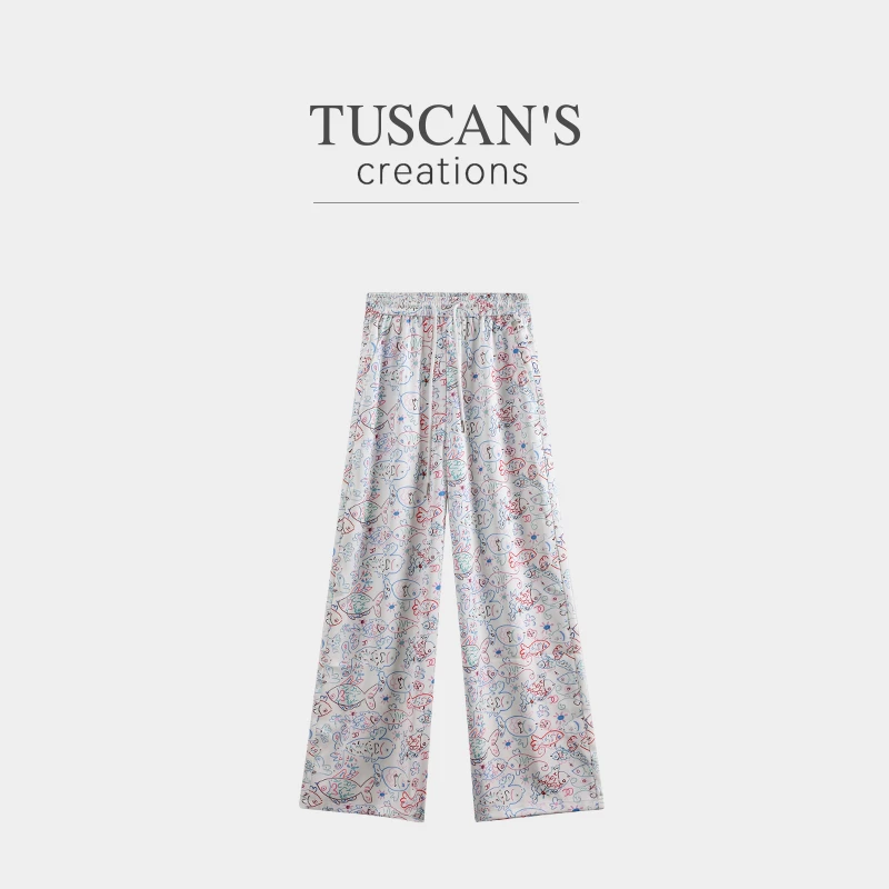 TUSCAN'S CREATIONS新款时尚潮流涂鸦高腰直筒轻薄休闲裤时代集团