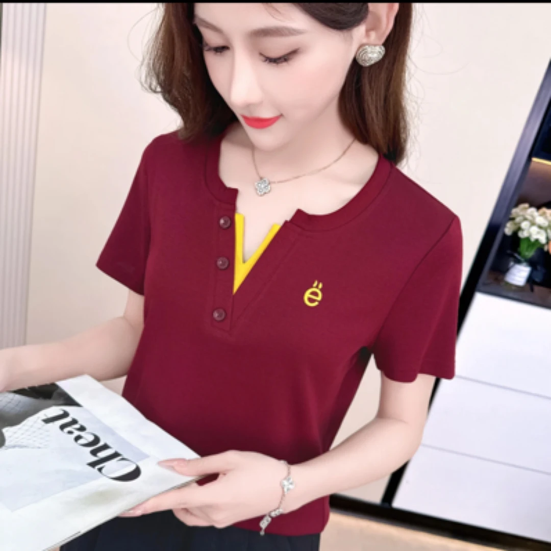 2526【衣长53】短袖拼接V领有弹力T恤洋气夏季时尚休闲韩版修身上衣