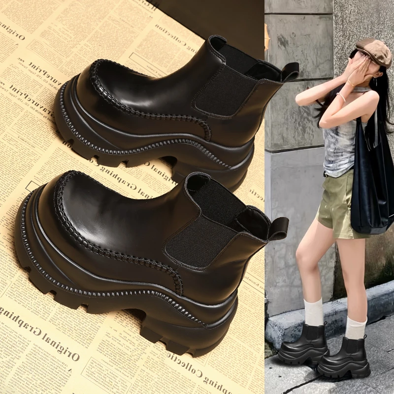 小个子切尔西短靴女内增高9cm高跟新款松糕休闲短靴高跟厚底英伦