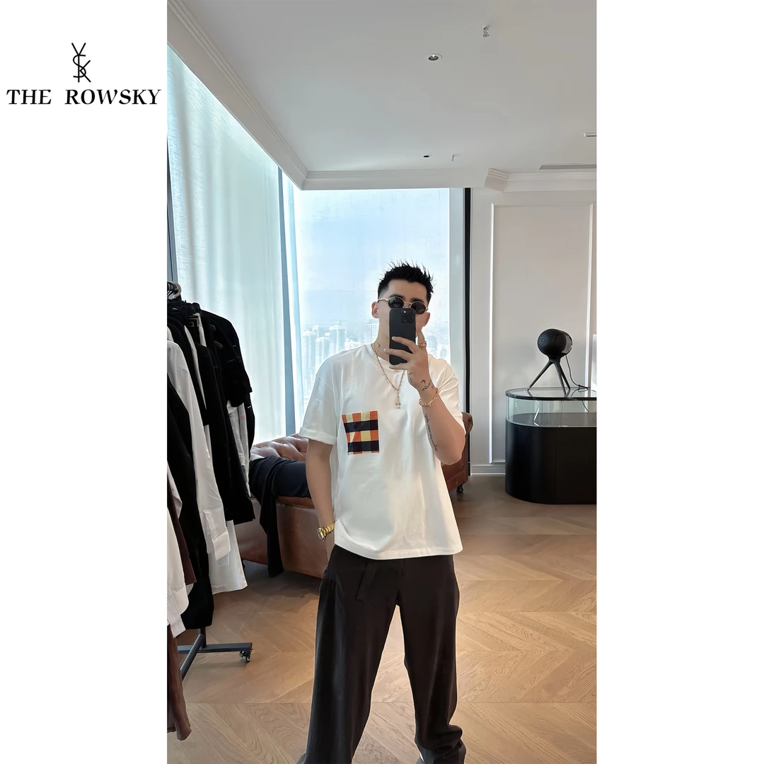 THE ROWSKY杨圣坤夏季男士格纹口袋休闲宽松圆领短袖T恤SK254702