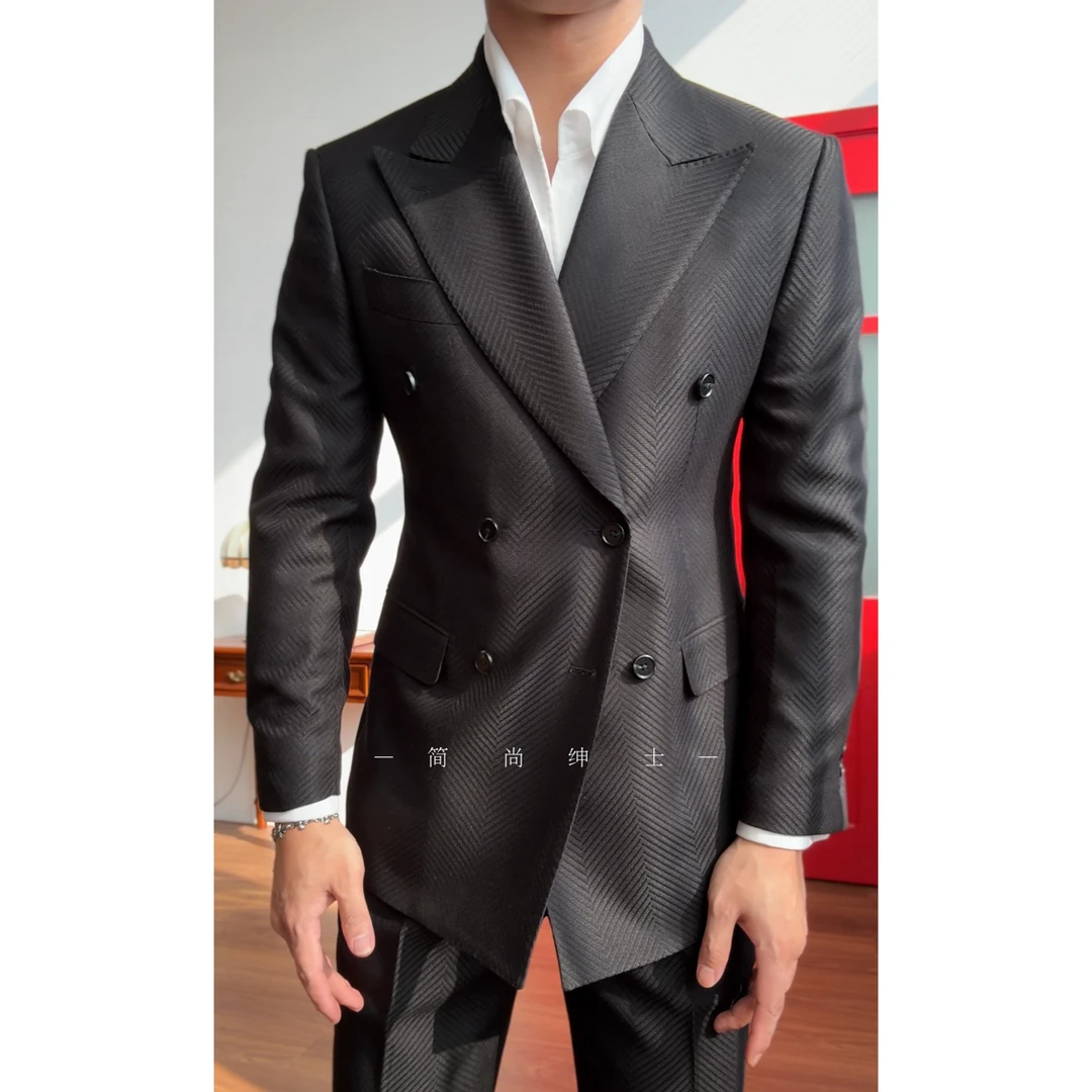 新款早秋人字纹肌理感绅士高级感双排扣西装00002