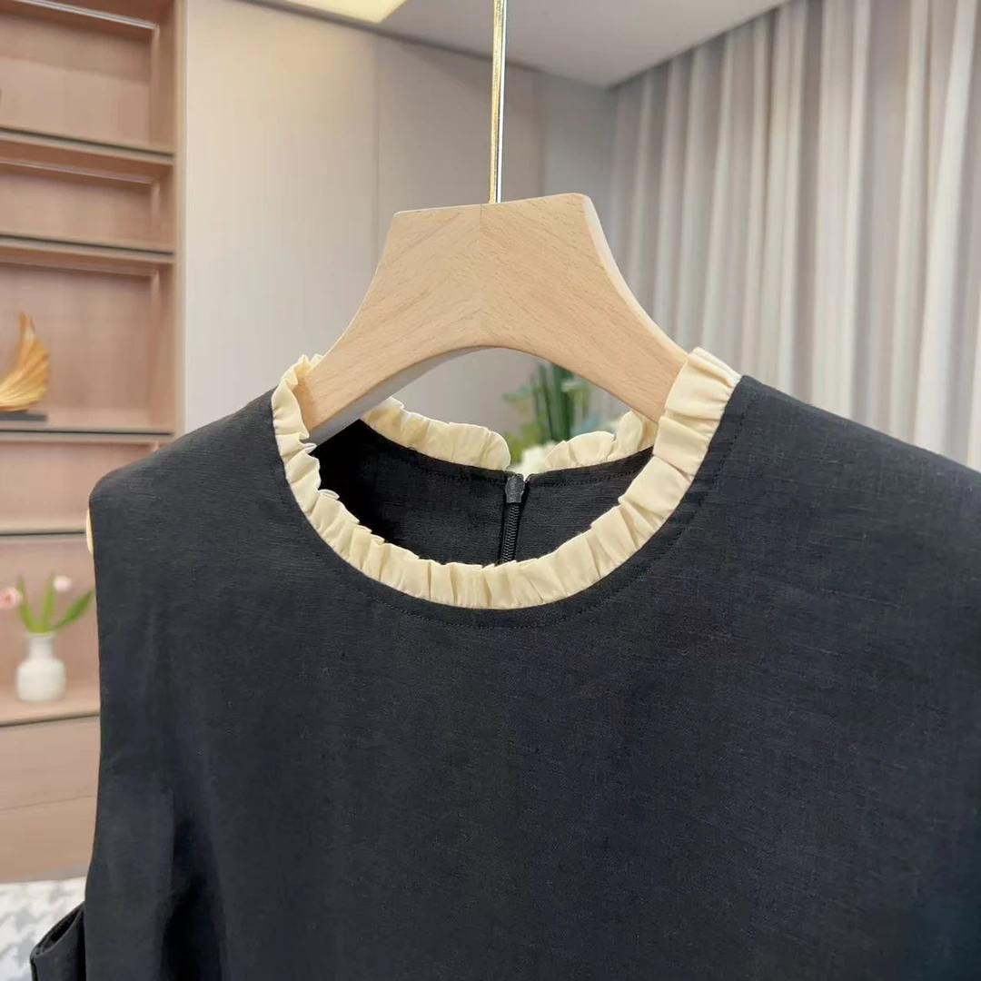 【美姐说】花边领亚麻无袖连衣裙25-180