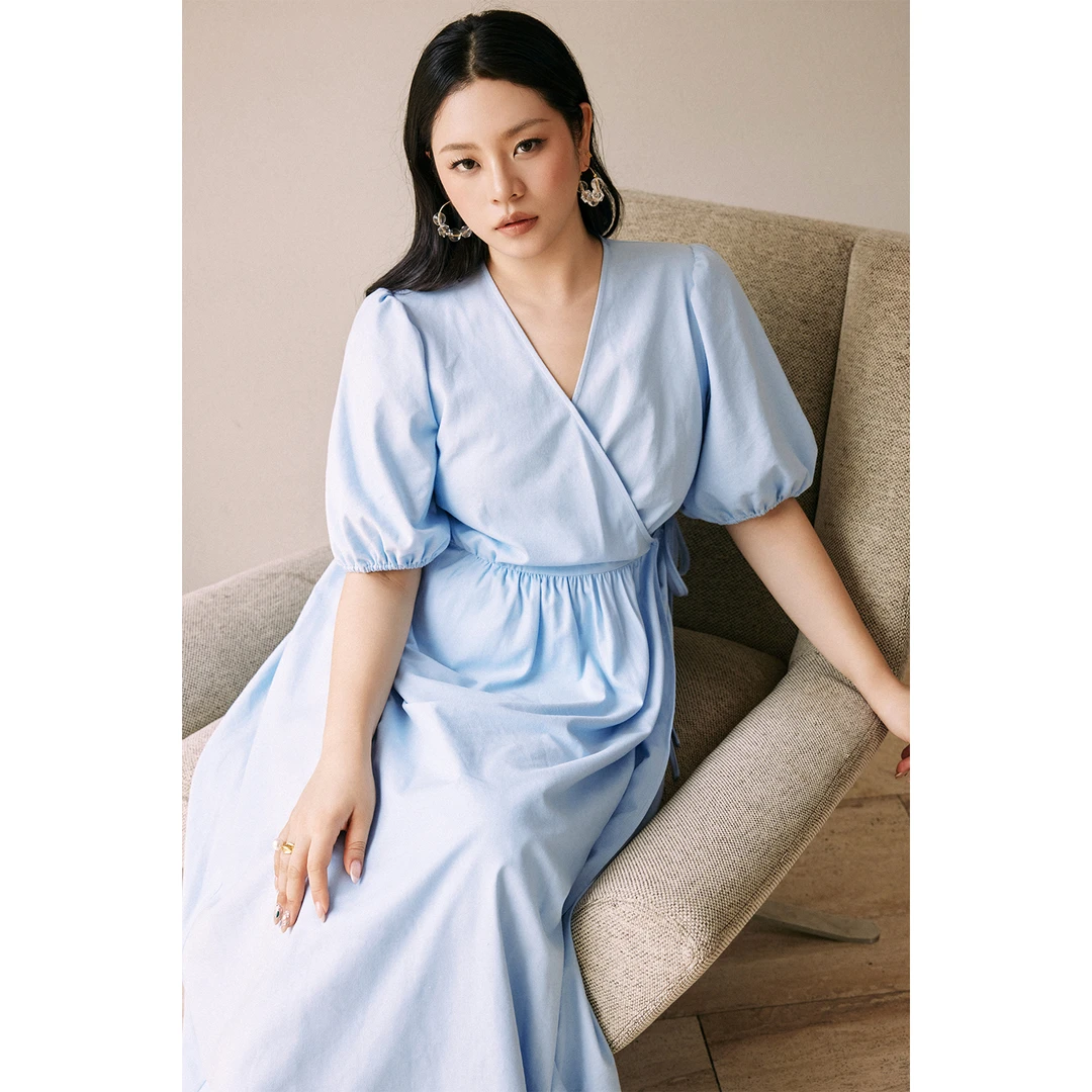 【折扣款】PLUSMALL 鸢尾与薄荷 凉爽V领系带泡泡袖连衣裙PM2507111