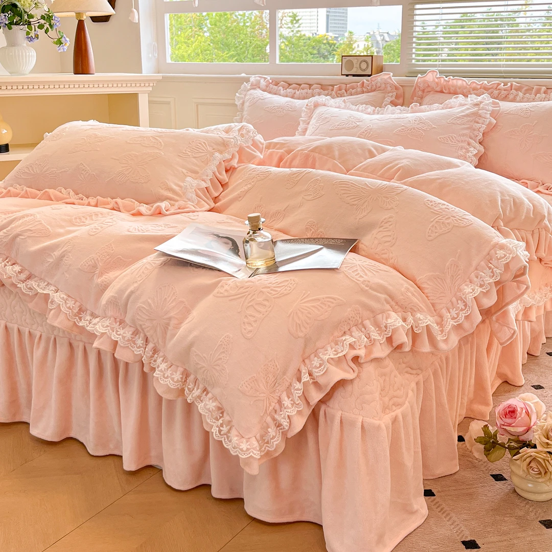 新款加厚牛奶绒夹棉床盖四件套