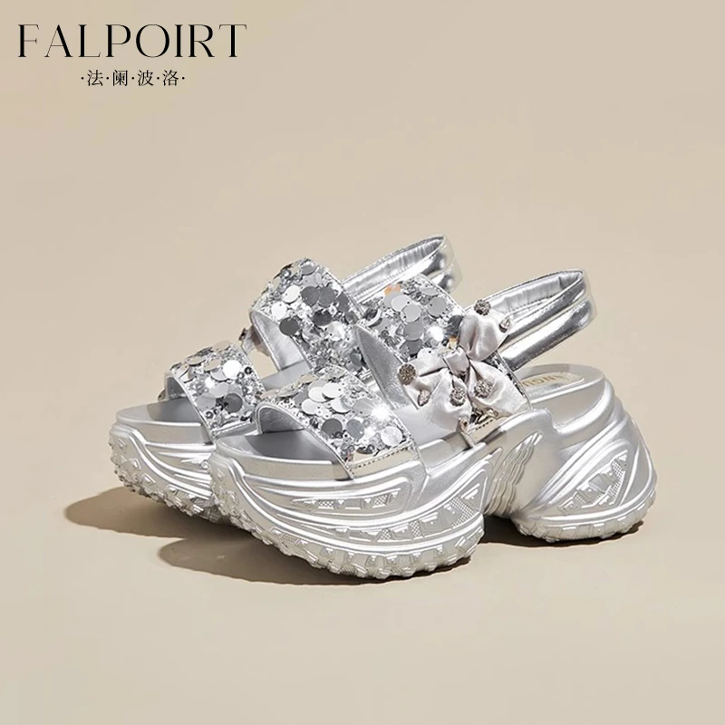 FALPOIRT时尚ins潮流亮片休闲凉鞋女夏季新款厚底增高黑色沙滩鞋