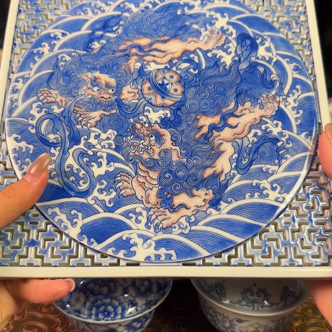 良朋双狮点工海水双层茶盘名窑口