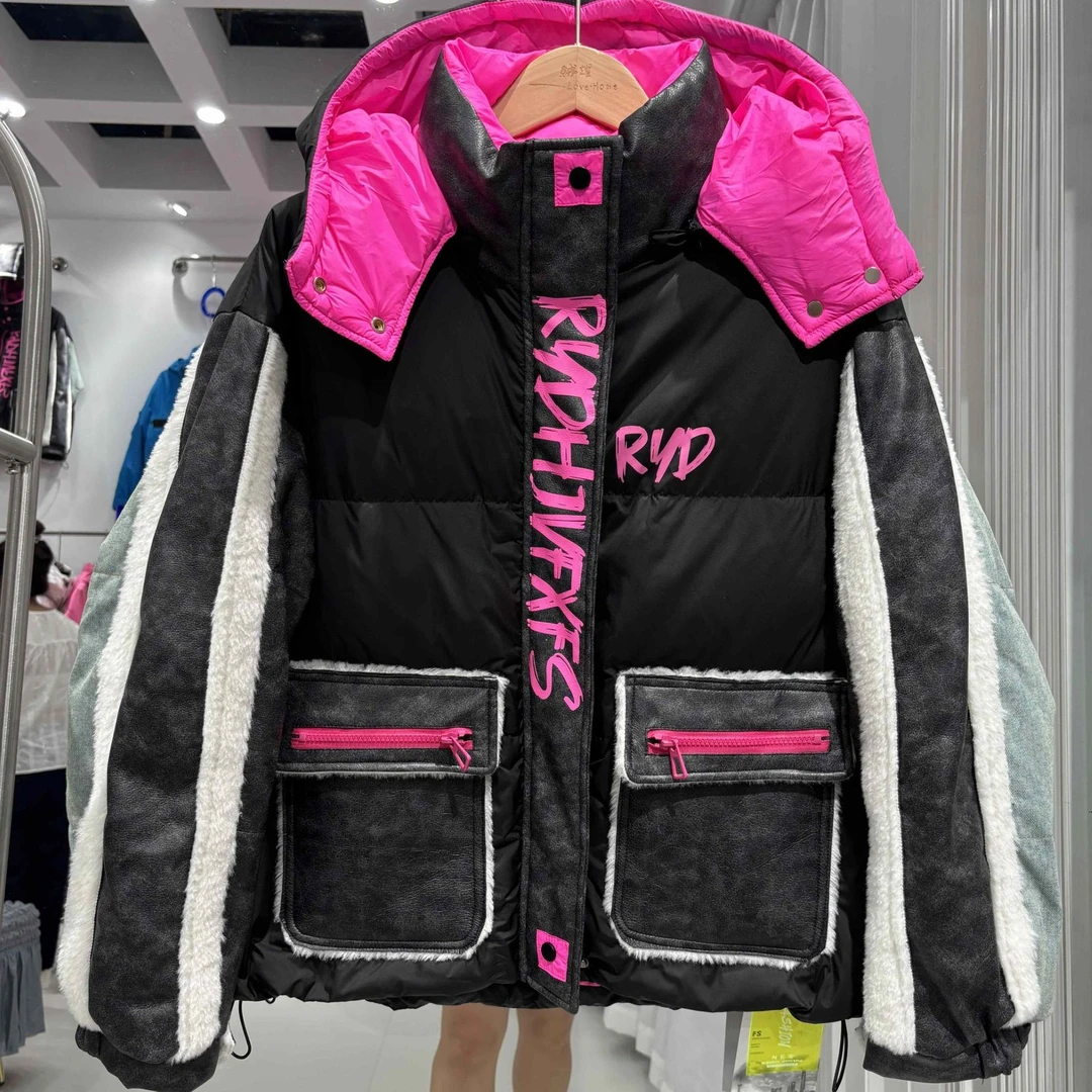 2025可拆卸帽新款撞色字母羽绒服男女同款情侣装短款外套时尚潮牌