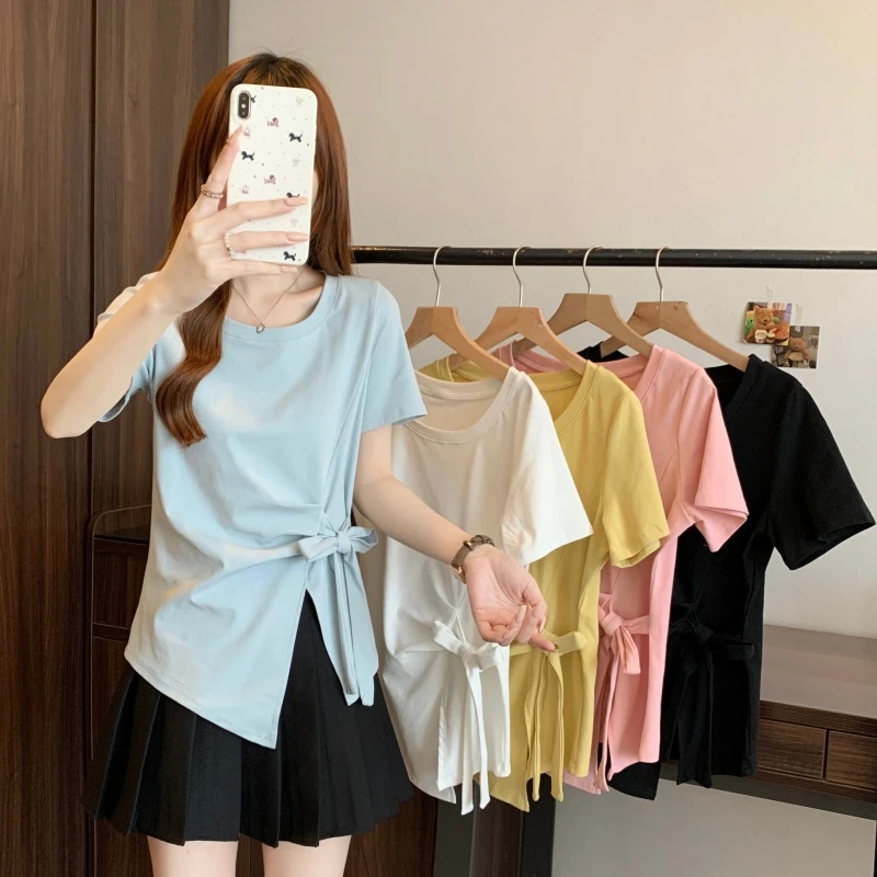 大码女装2025夏季新款显瘦开叉蝴蝶结短袖T恤上衣1822