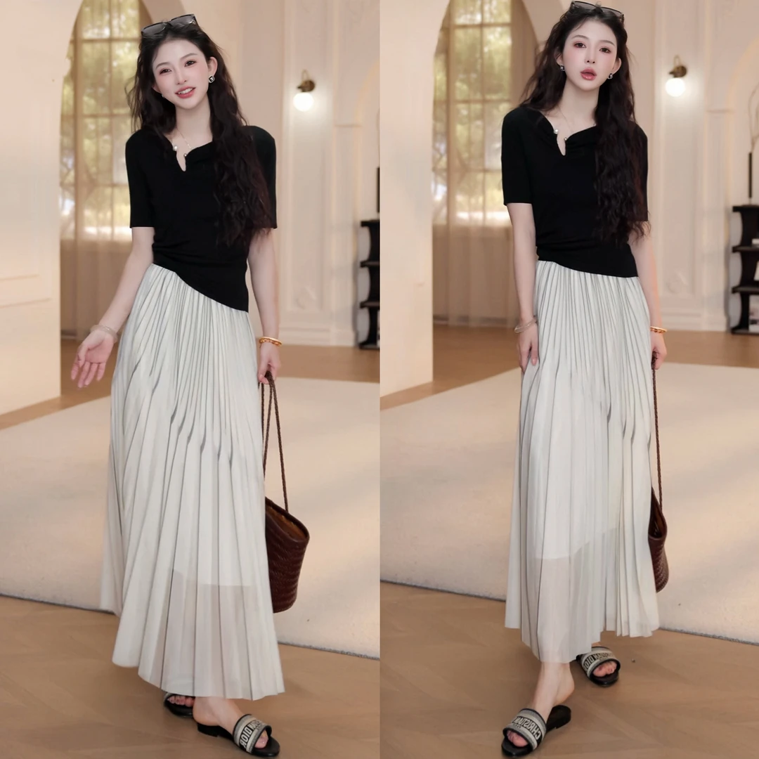 【YANYAN】2025夏季纯色凉感短袖针织上衣氛围感长裙洋气衣服套装女