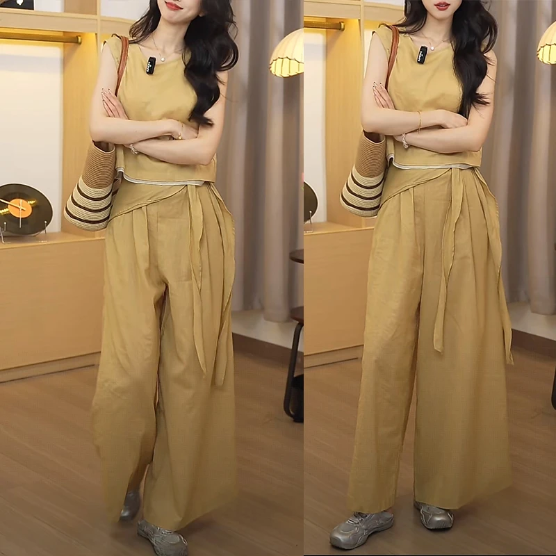 2025年新款夏季老钱风时尚套装女高腰系带宽松休闲阔腿裤减龄背心