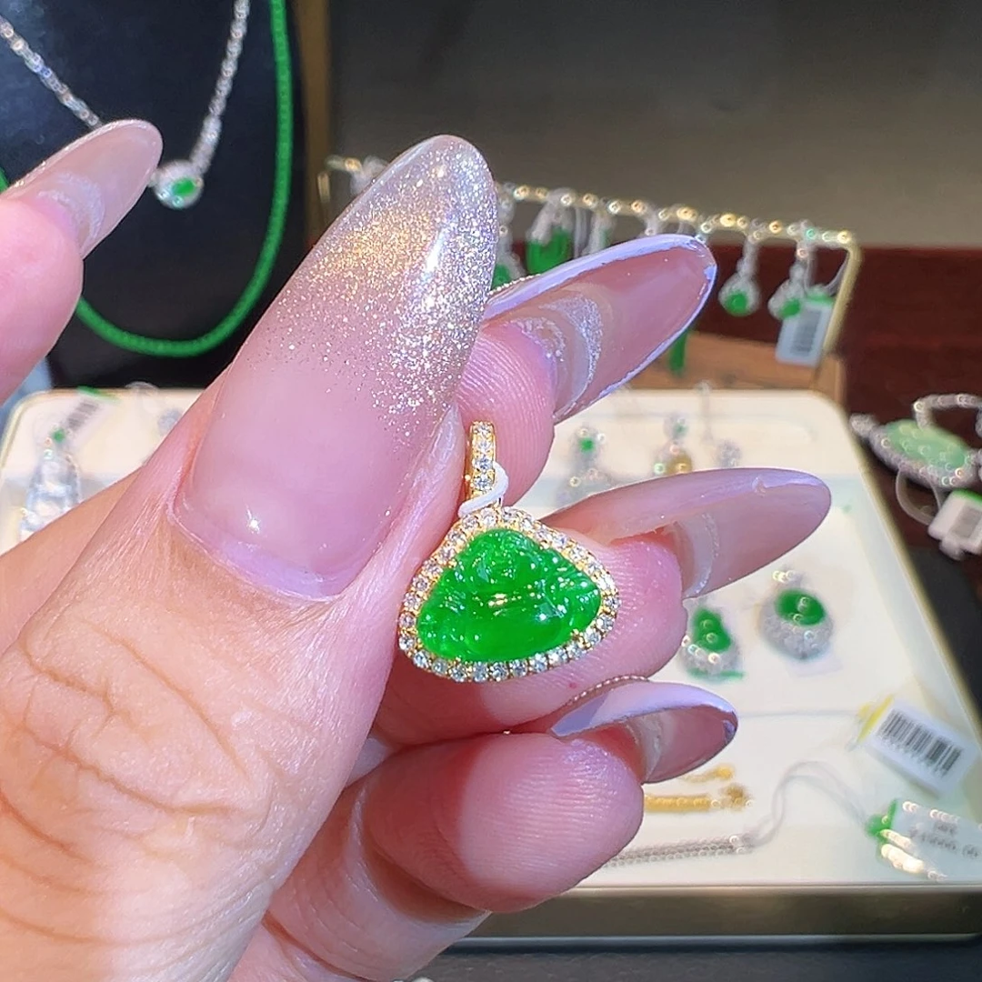 華***華翡翠18K金镶嵌吊坠(不含链)翡翠