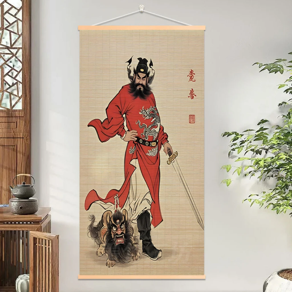 钟馗神威复古手工竹编挂画入户玄关茶室书房禅意空间中堂装饰画