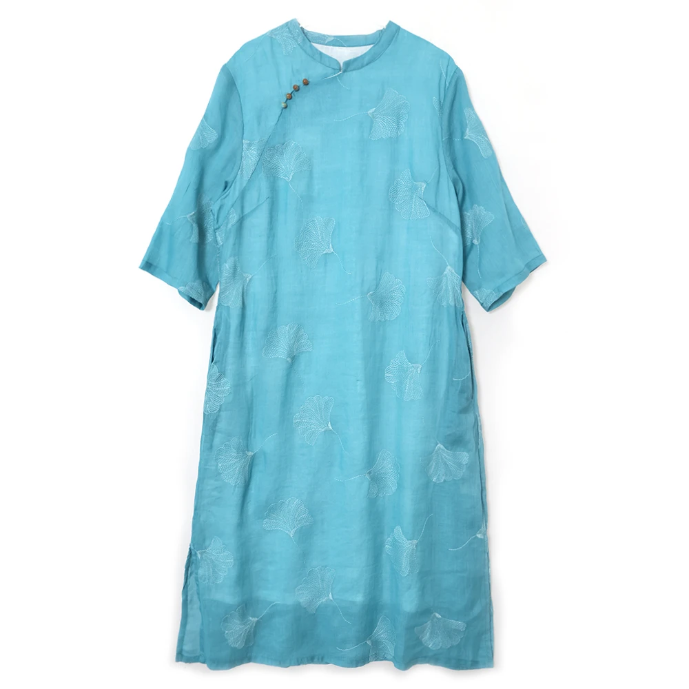 棉叙绣花苎麻国风旗袍裙女中式复古中长款斜襟立领连衣裙夏15869