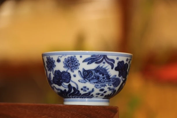 景德镇 阮顺荣造 青花鱼藻缸杯陶瓷纯手工鱼藻纹名窑主人杯全手工