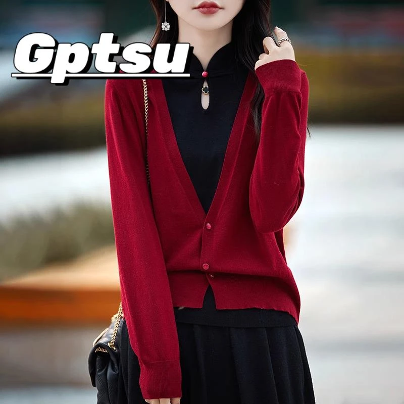 GPTSu中国风红色开衫女秋冬季旗袍领盘扣毛衣假两件打底针织上衣