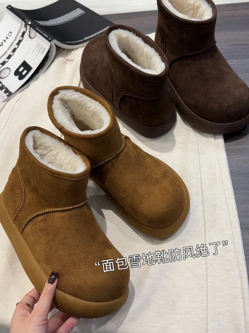 面包雪地靴」时尚雪地靴韩版秋冬耐磨短靴保暖中筒套筒平跟YB826