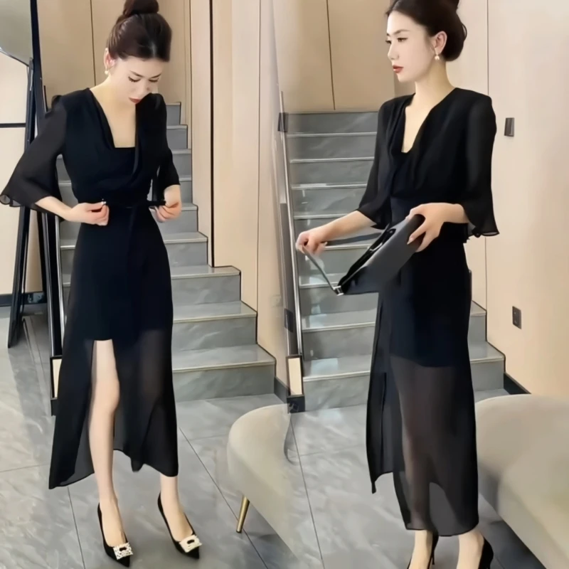 时尚套装女修身显瘦连衣裙不规则时尚开叉套装两件套喇叭袖上衣女