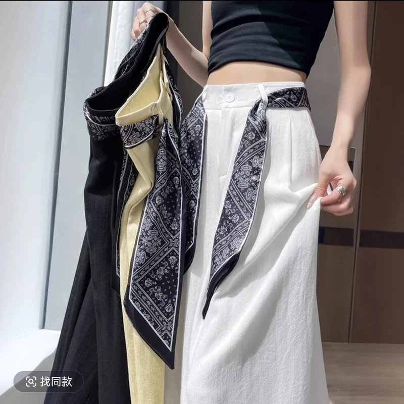 【现货+运费险+丝巾】棉麻冰丝裤子女薄款2025直筒宽松西装阔腿裤