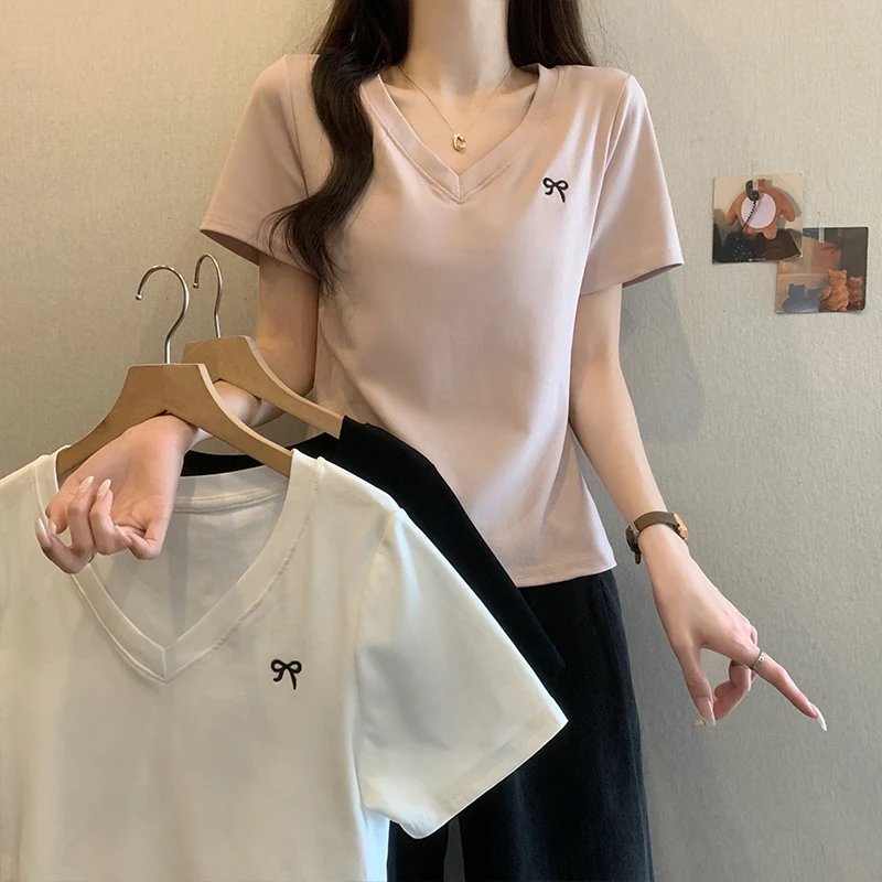 芷蕾大码蝴蝶结刺绣短袖t恤夏季胖妹妹气质百搭遮肚显瘦半袖上衣