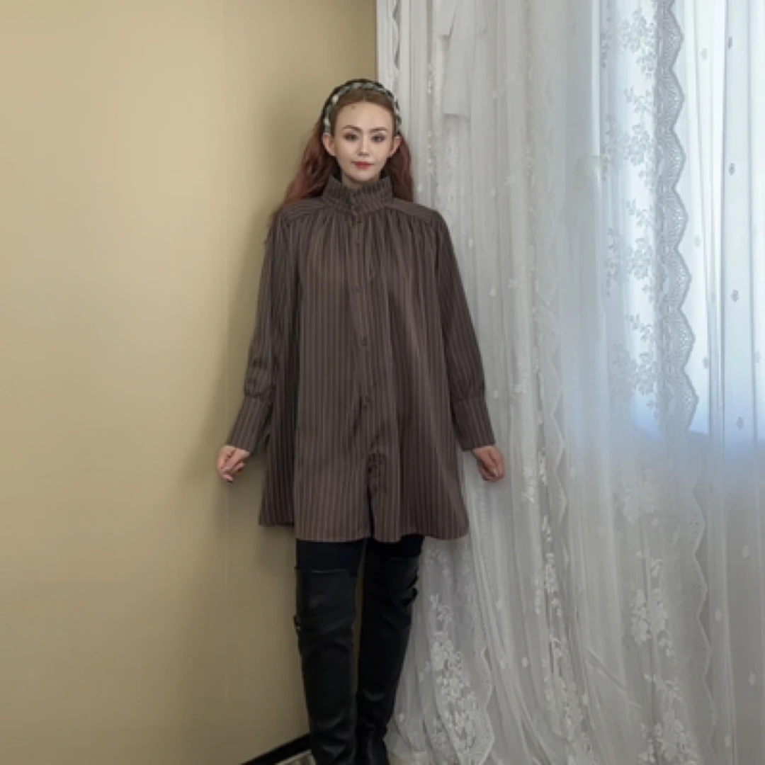 秋冬新款竖条纹大版衬衣中长款