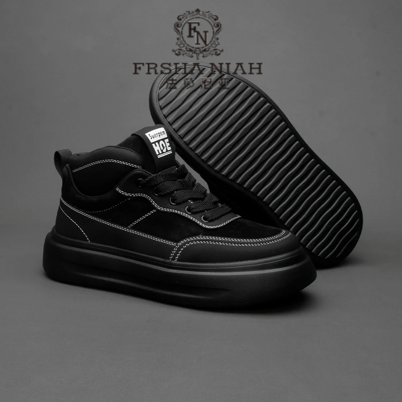 法莎尼亚男鞋秋季磨砂牛皮轻便软底百搭真皮透气工装靴高帮休闲鞋