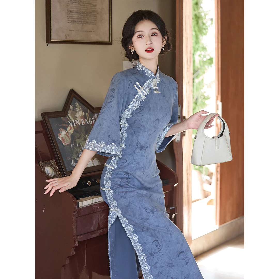 蓝色旗袍2025新款秋季麂皮绒复古倒大袖改良年轻款女新中式连衣裙