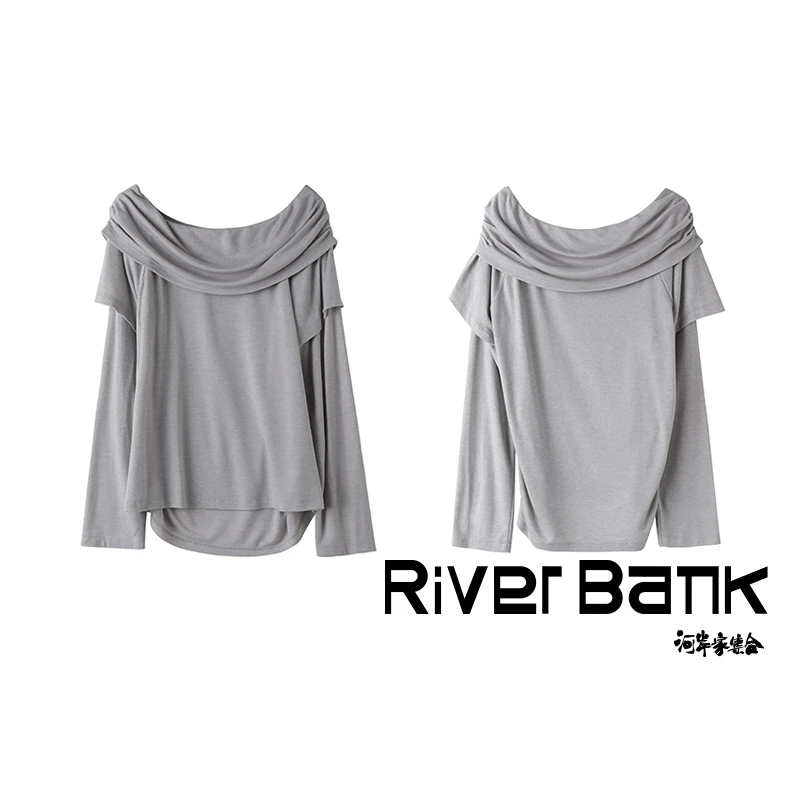 河岸家设计师ICE DUST灰色一字肩长袖T恤叠穿上衣女25早秋