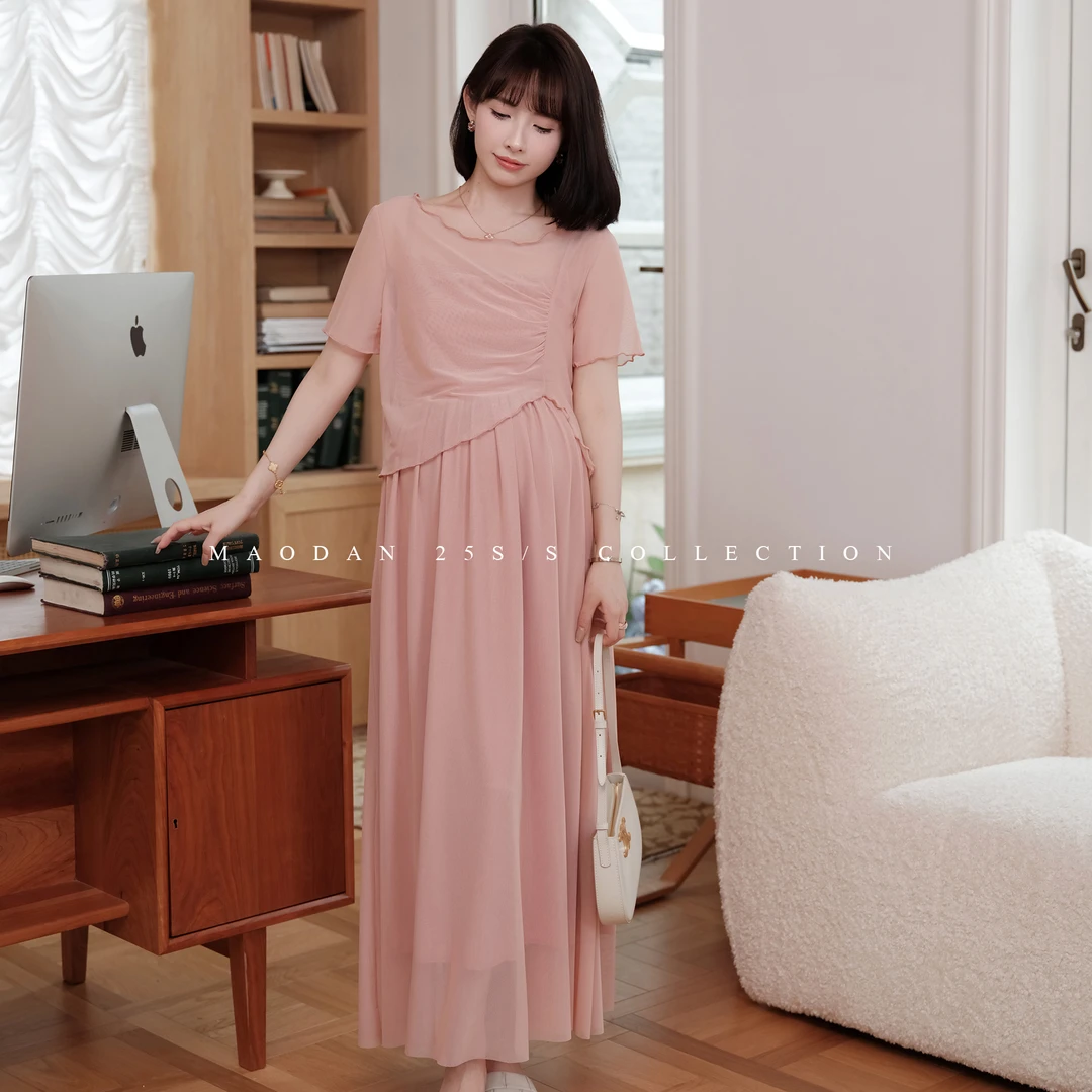 maodan/猫单【温柔淡颜】孕妇套装长款连衣裙夏季显瘦短袖宽松两件