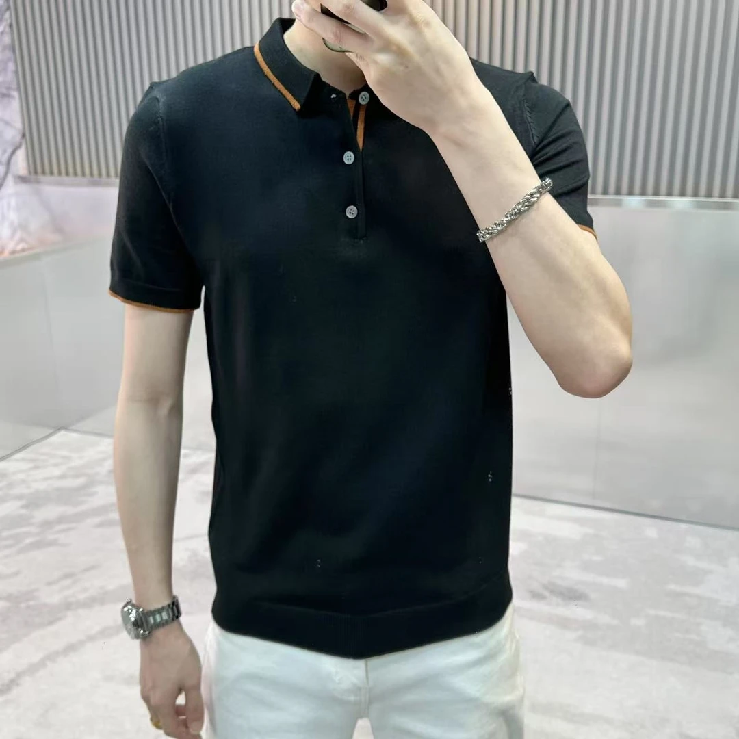 黑轻奢修身短袖针织polo衫男士休闲百搭时尚纯色有领上衣夏季