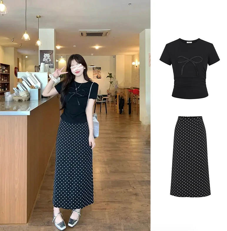 Moses Queen/魔西女王正肩蝴蝶结短袖T恤时髦洋气减龄波点半身裙