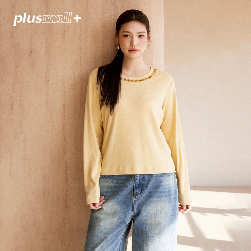 PLUSMALL 玉米姜饼 双面针织合身亮片领圈拼接圆领长袖PAC2410044