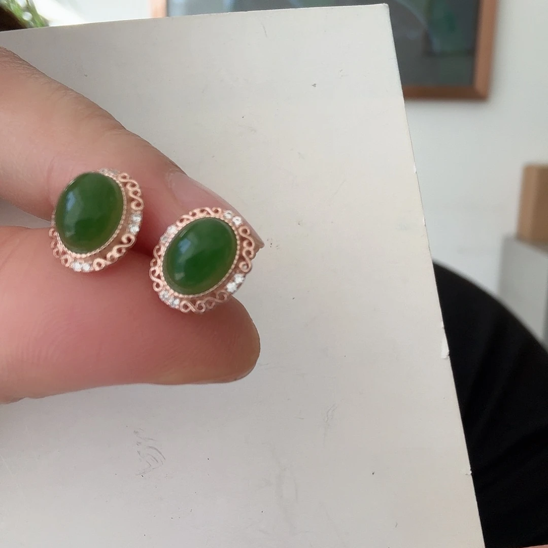 和田玉W耳钉银S925镶嵌