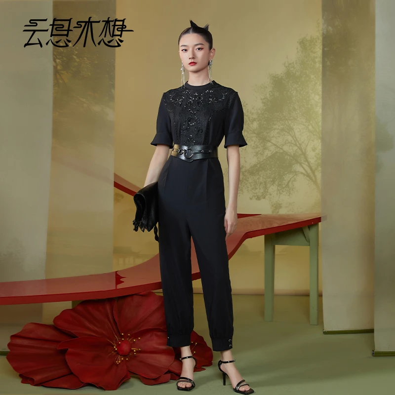 Ysimo-X云思木想新中式2024夏季新款星梦花影绣花黑色连体裤11796