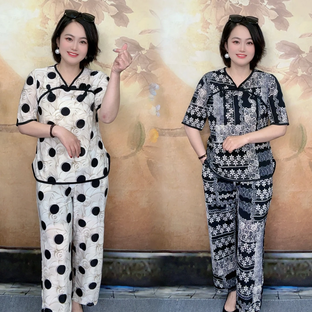 夏季新款时尚减龄薄款中国风洋气印花休闲显瘦套装女