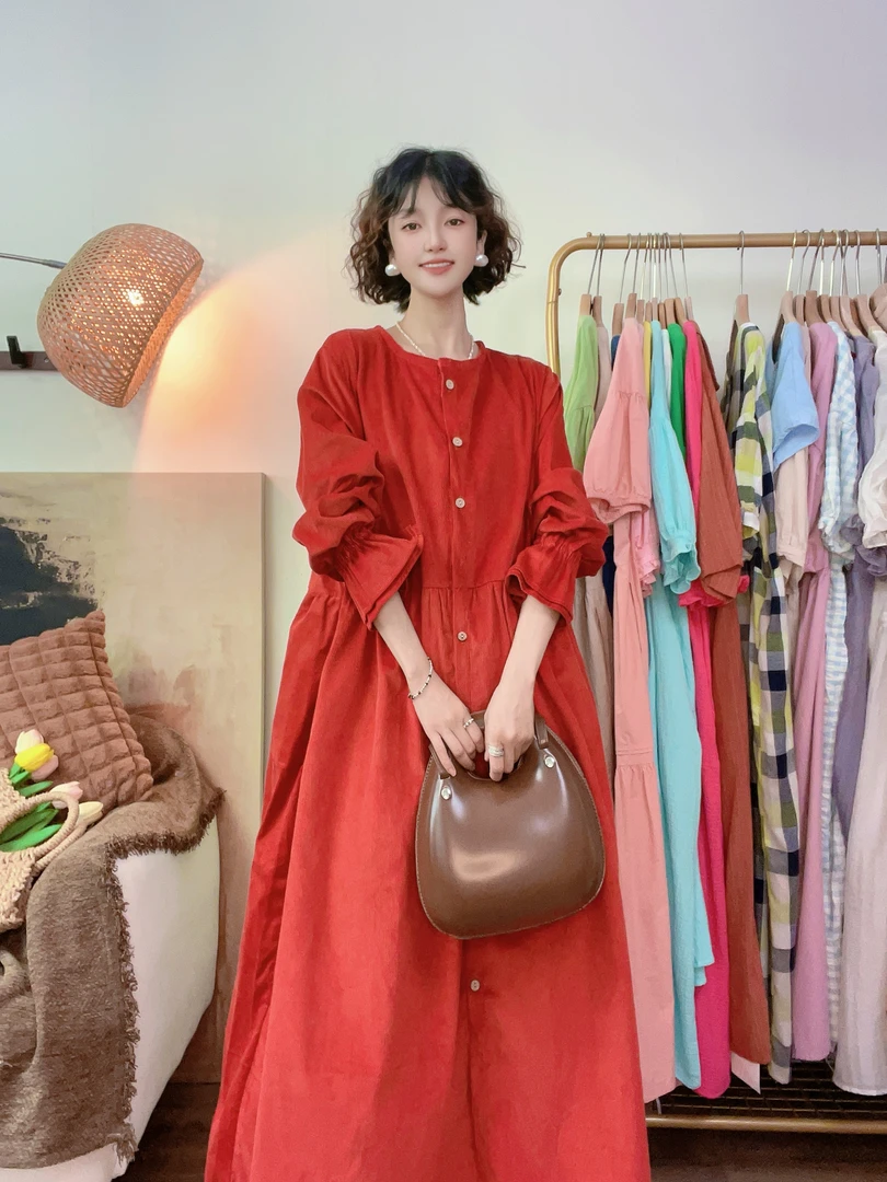 【喜柚自制】林肯公园 法式甜美温柔灯芯绒复古宽松中长款连衣裙