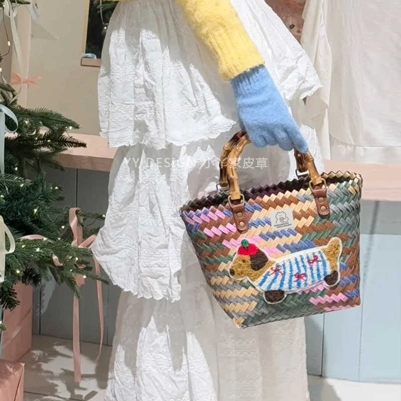 腊肠狗彩色编织菜篮子夏季新款手工手提包包女防水沙滩防水手拎包