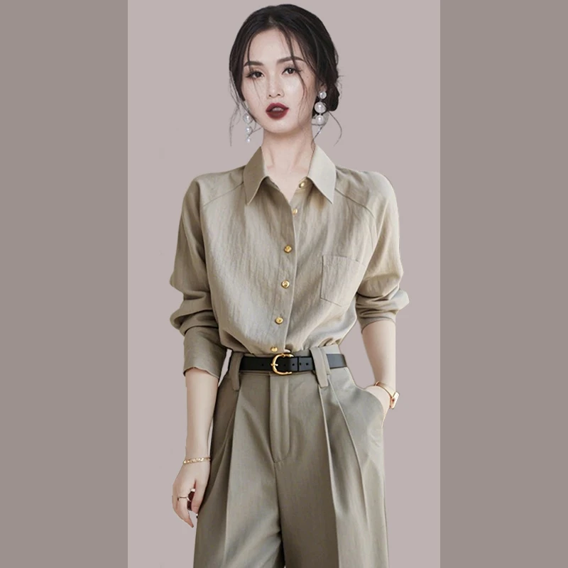 2025新款干练气质冷淡系高级感灰色长袖薄衬衫裤子两件套装女春季