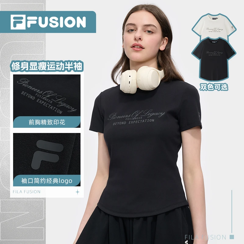 Fila/斐乐潮牌夏季女款时尚修身显瘦运动半袖休闲圆领上衣短款
