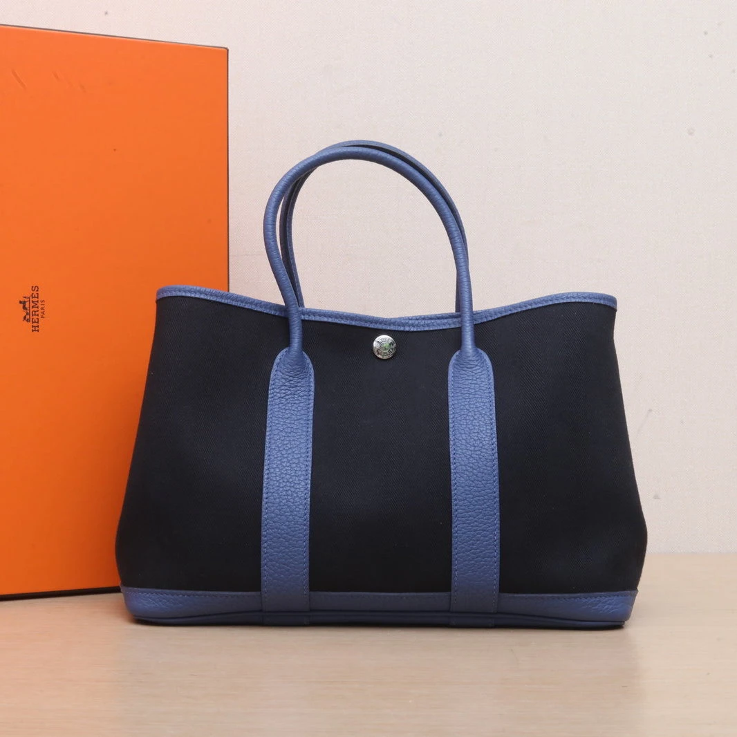 95新 Hermes/爱马仕 【双双】花园包 30 黑色拼色 帆布 D刻 银扣