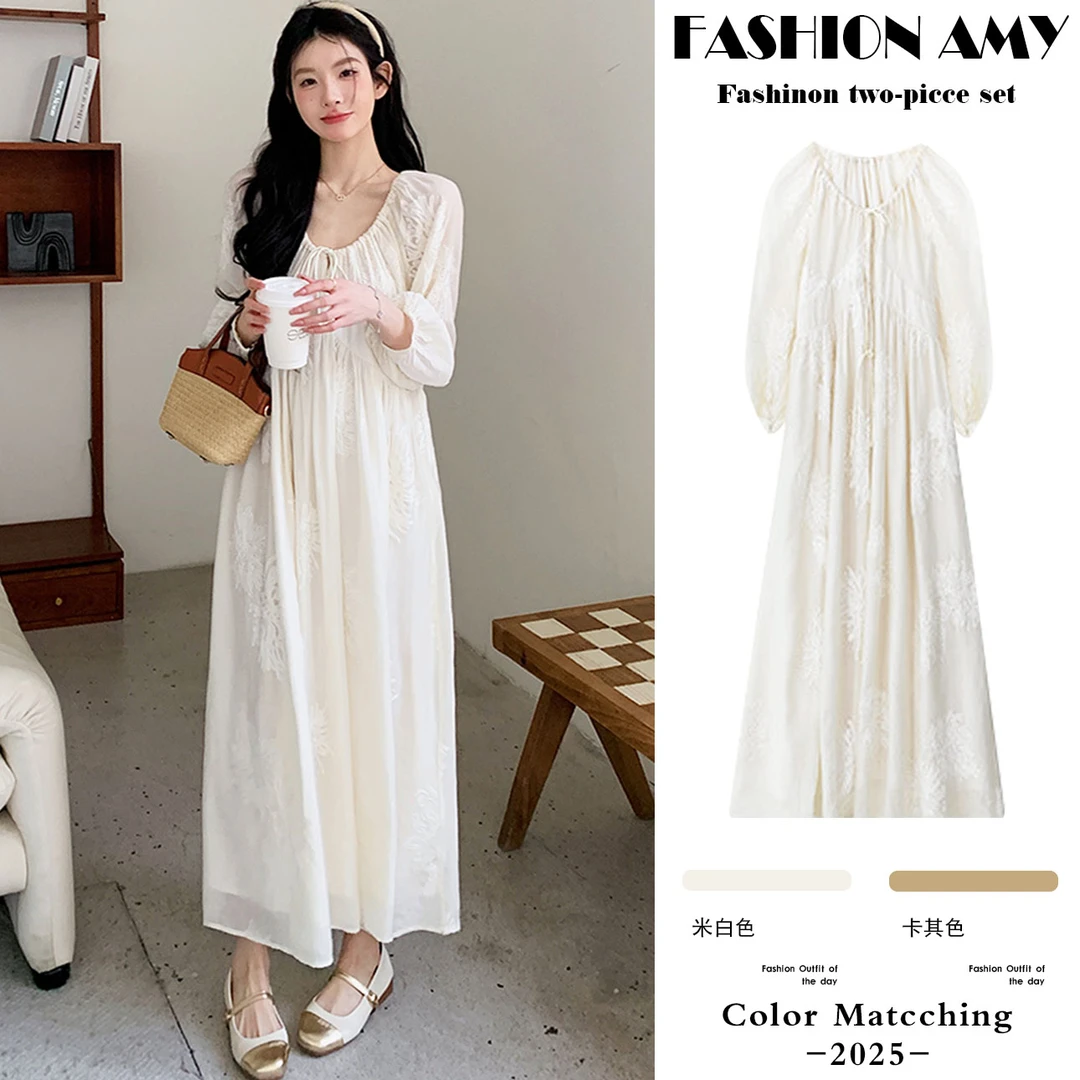 孕妇连衣裙春夏装新款时尚国风新中式V领刺绣系带显瘦气质长裙子1