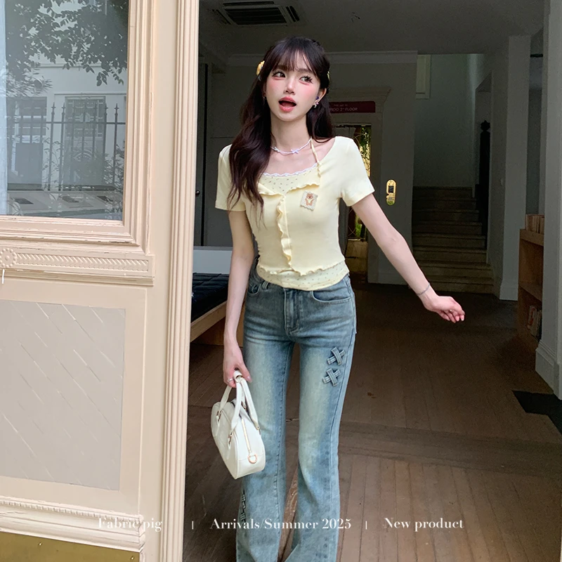 仲夏花影 织物猪原创 设计感高腰微喇牛仔裤女夏显瘦假两件上衣